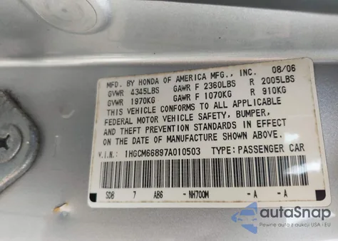 2007 Honda Accord 3.0 Ex из США, поврежденный, VIN 1HGCM66897A010503